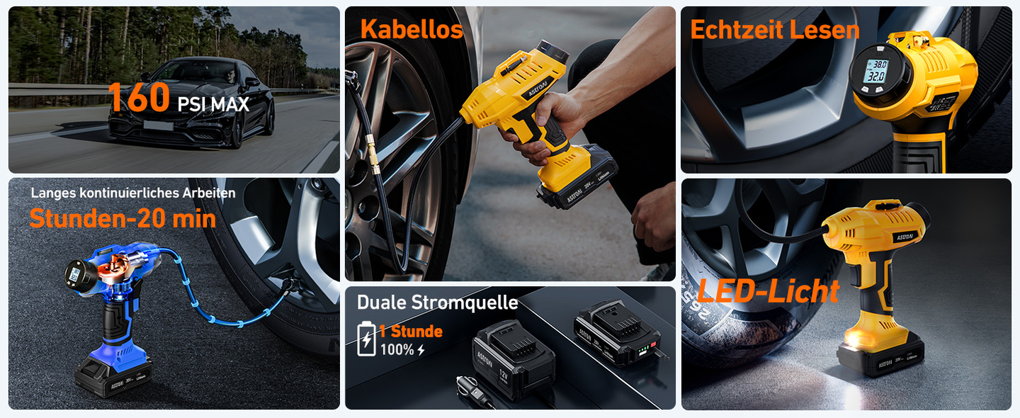 AstroAI 160PSI Luftkompressor mit 20V Akku & 12V Auto-Netzteil