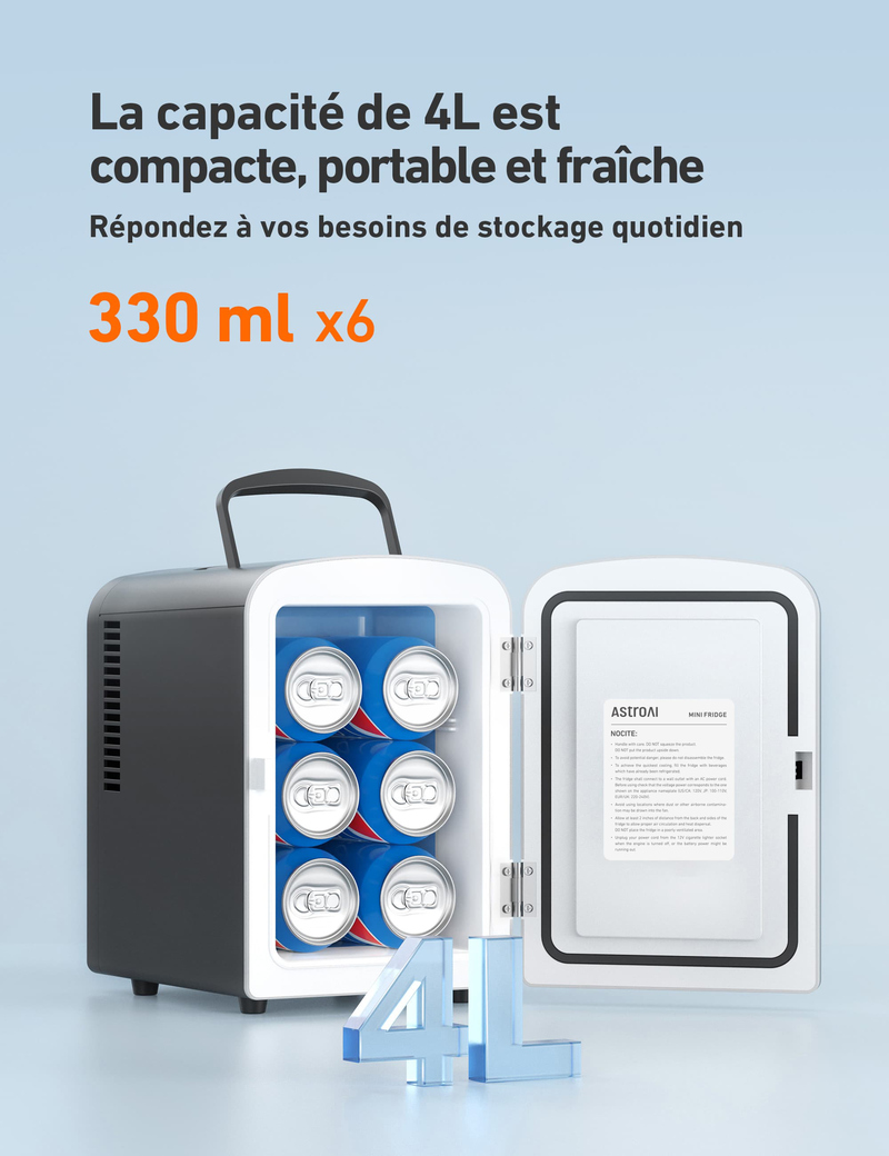 AstroAI Mini Frigo de Chambre, Mini Réfrigérateur Voiture Portatif 4L Noir