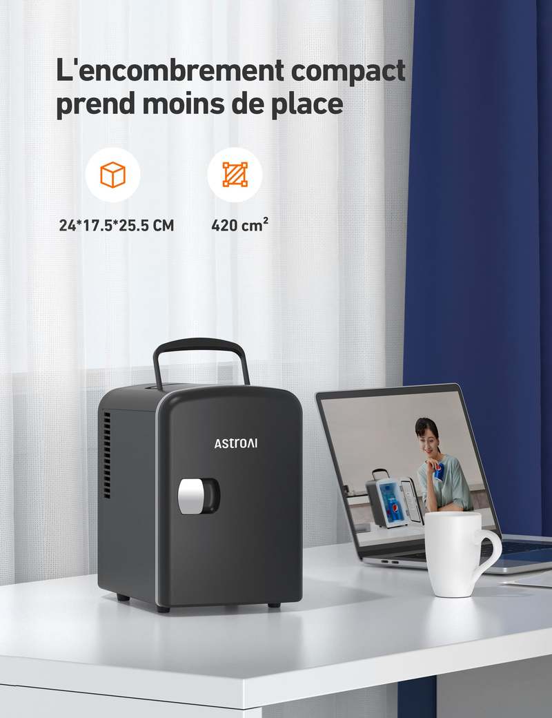 AstroAI Mini Frigo de Chambre, Mini Réfrigérateur Voiture Portatif 4L Noir
