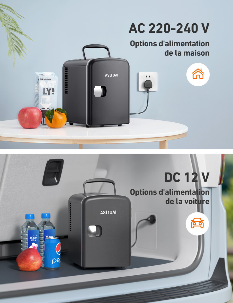 AstroAI Mini Frigo de Chambre, Mini Réfrigérateur Voiture Portatif 4L Noir