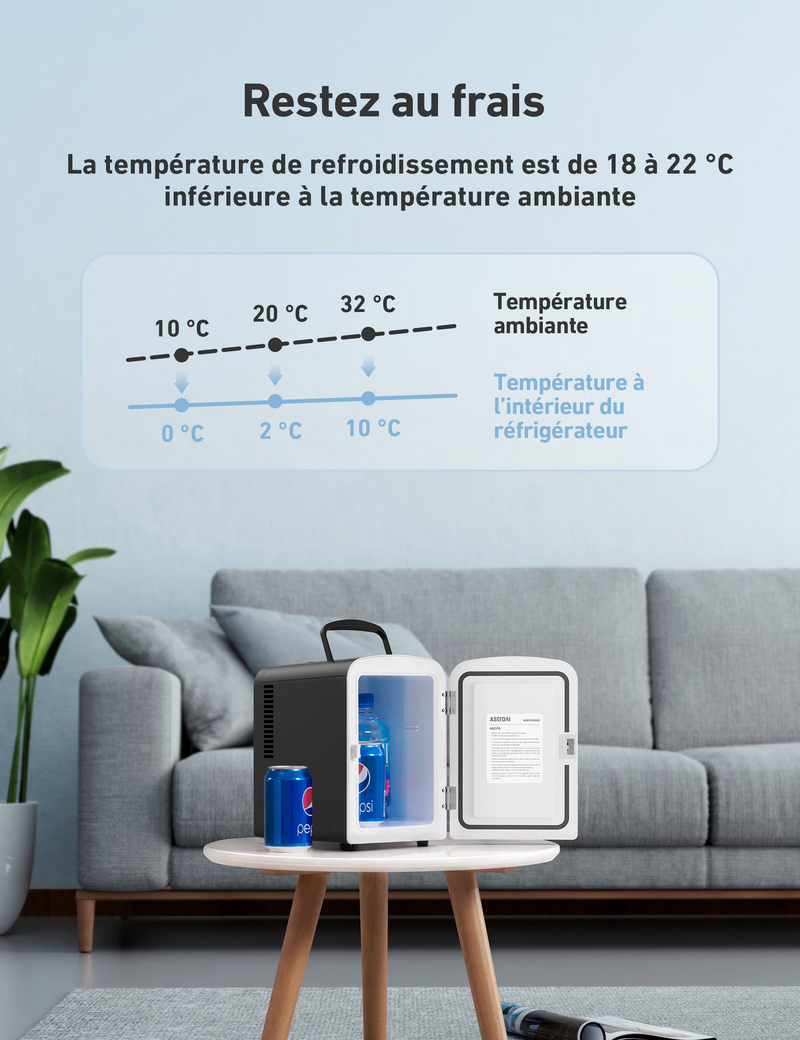 AstroAI Mini Frigo de Chambre, Mini Réfrigérateur Voiture Portatif 4L Noir