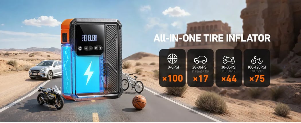 AstroAI Beta822 3000A Jump Starter with Air Compressor, 150PSI Portable Tire Inflator with Auto-Shutoff, 12V Car Battery Booster (9.0 Gas/7.0L Diesel) with LED Light and Jumper Cables