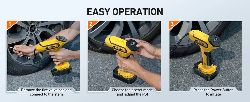 AstroAI Battery Powered Tire Inflator with 20V Rechargeable Battery & 12V Car Power Adapter for Motorcycles, 150PSI, (C1) Light Yellow