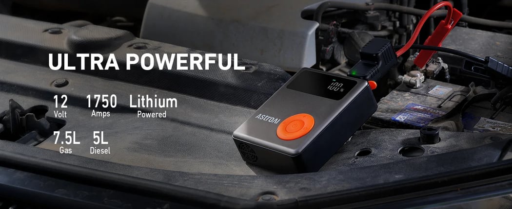 AstroAI Portable Car Jump Starter with 150 PSI Air Compressor, 1750A Battery Pack and Large LCD Display for Up to 7.5 Gas/5.0L Diesel Engines