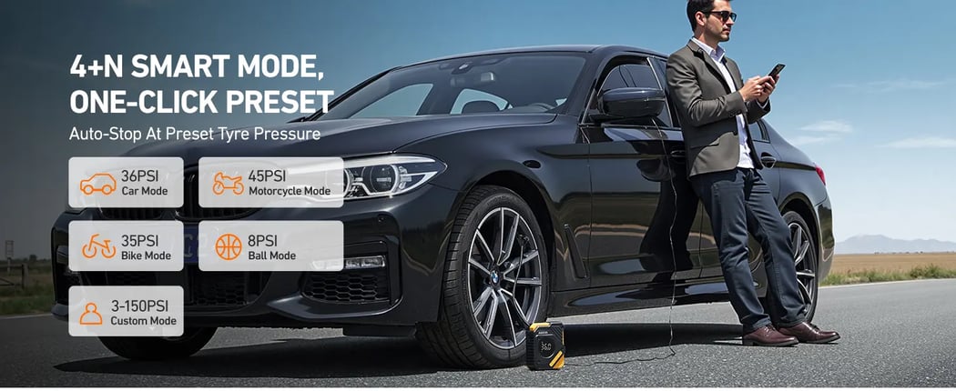 AstroAI Car Tyre Inflator Air Compressor 12V DC, 150 PSI Digital Tyre Pump with Pressure Gauge, Large LCD Display, Smart Preset & Auto Stop, for Car, Motorcycle, Bike Tyres