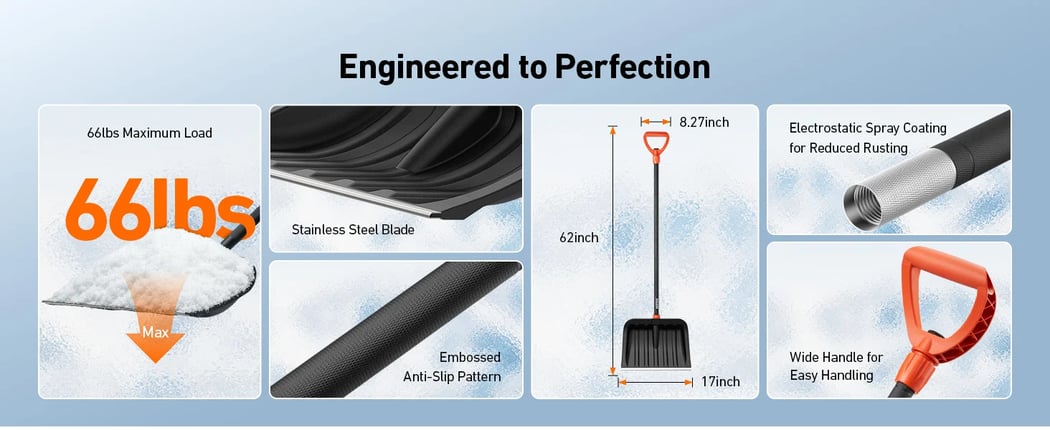 AstroAI 62" Heavy-Duty Snow Shovel with Adjustable Ergonomic D-Shape Handle, 17-Inch Wide Snow Shovel for Car with Reinforced Aluminum Metal Blade, Yard