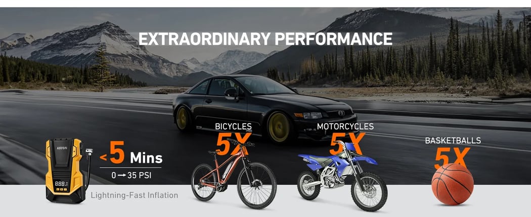 AstroAI AC/DC Mini Air Compressor with 150PSI, LED Light for Car Tires, Balls, Motorcycles, Yellow