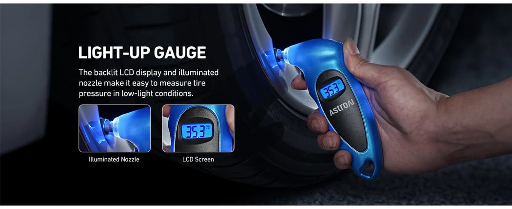 AstroAI Tire Pressure Gauge Digital Display with 4 Settings Stocking Stuffers for Car/Truck/Bicycle, Backlight LCD and Presta Valve Adaptor, 150PSI, Blue