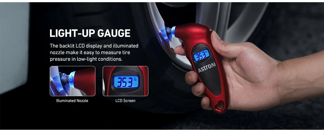 AstroAI Digital Tire Pressure Gauge with 4 Settings Stocking Stuffers for Car, Truck, Bicycle, Motorcycle and Backlight LCD & Presta Valve Adapter, 0-150PSI, Red