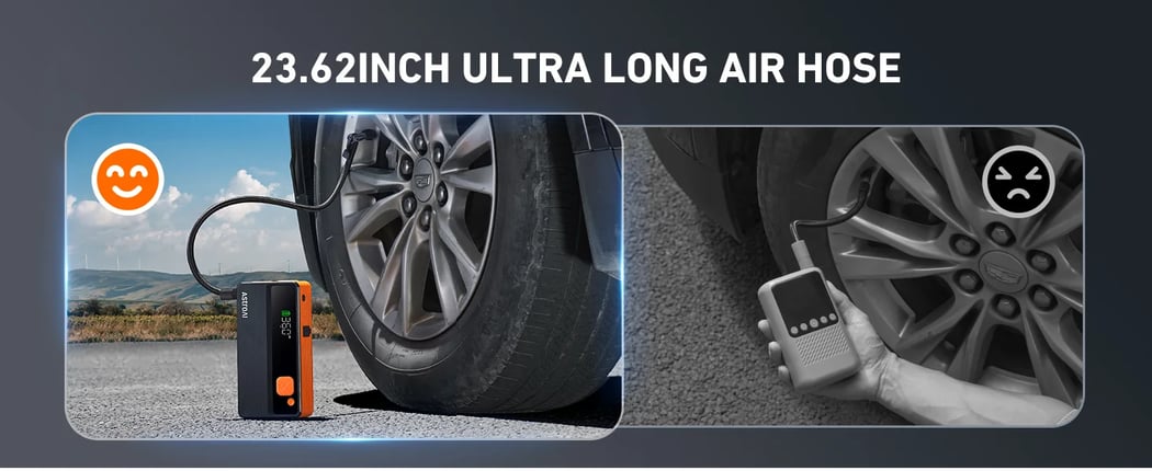 AstroAI M12-F Portable Jump Starter with Air Compressor, 5000A Car Battery Booster Pack & 150PSI Car Battery Jump Starter (All Gas & 10.0 L Diesel) with tire inflator, Intuitive LED Screen