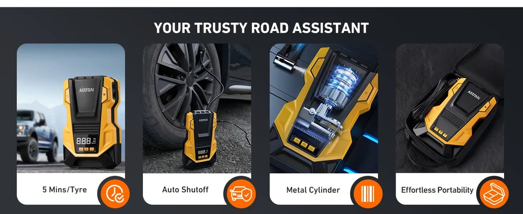 AstroAI Car Tyre Inflator Air Compressor, 240V Mains and 12V DC Dual Power Supply Tyre Pump with Digital Pressure Gauge, Max 150PSI Car Accessories Pumps for Cars Bike Motocycle Ball