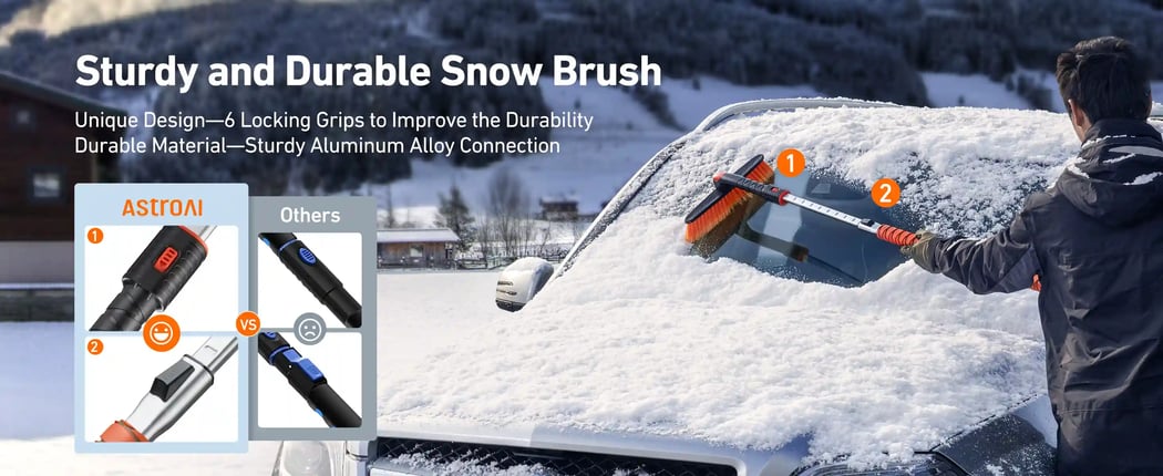 AstroAI 62.4 Inch Ice Scraper and Extendable Car Snow Brush,Orange with 360° Pivoting Brush Head