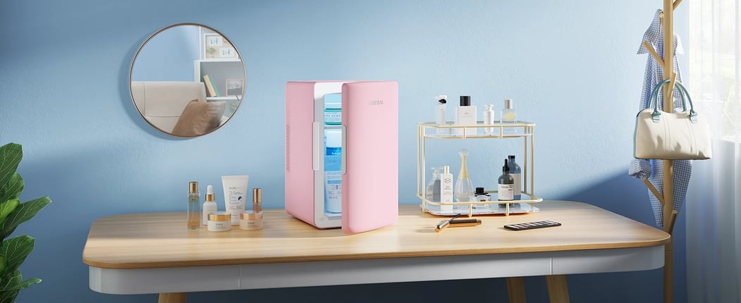 AstroAI Cute Mini Fridge Pink for Skincare, Dorm, Bedroom, Office, 6 Liter/8 Cans, 110V AC/ 12V DC, LY2206A