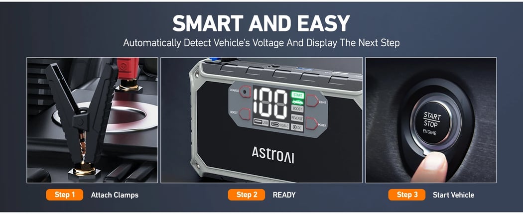 AstroAI 8-in-1 Auto Battery Jump Starter 2000A 12V with LED Screen, Quick Charge, Power Bank with Cigarette Adapter, Jumper Cable (Up to 7.0L Gas & 4.0L Diesel)