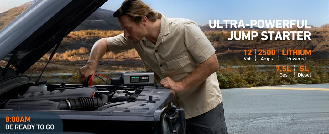 AstroAI Portable Car Jump Starter with Air Compressor 150 PSI, LCD Display for Up to 7.5L Gas & 5.0L Diesel Engine, 2500A, 12V, MF159