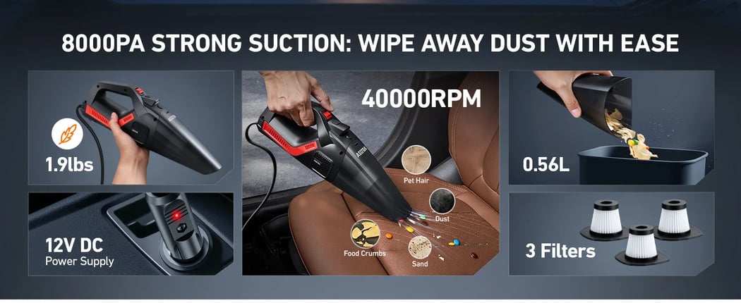 AstroAI 2-in-1 Car Vacuum Cleaner Tire Inflator, Multifunction Handheld Vacuum Air Compressor, Portable 12V DC Vacuum Duster Cleaner with Digital Display, LED Light
