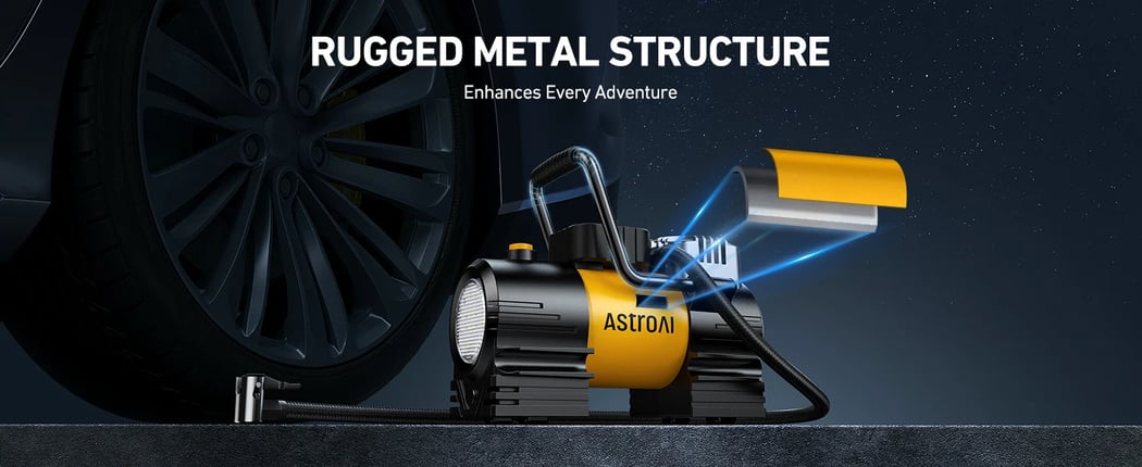 AstroAI Portable Tire Inflator with Dual Metal Motors, LED Light for Car and Bikes (150 PSI, 12V DC/110V AC)