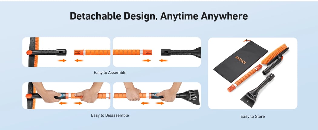 AstroAI 39.37" Ice Scraper Snow Brush for Car Windshield with 360° Pivoting Brush Head, EVA Foam Grip and Upgraded C-Shaped for Car, Truck, SUV(Orange)