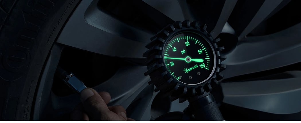 AstroAI Glow Dial Tire Inflator with Pressure Gauge 100 PSI with Large 2" Easy Read Glow Dial, Air Chuck, Quick Connect Coupler and Rubber Hose Compressor Accessories