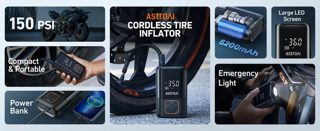 AstroAI L3 Auto Air Pump with Battery Powed Power Bank & Digital Screen for Car Tires, Motorcycles, Bikes, and Balls, 150 PSI