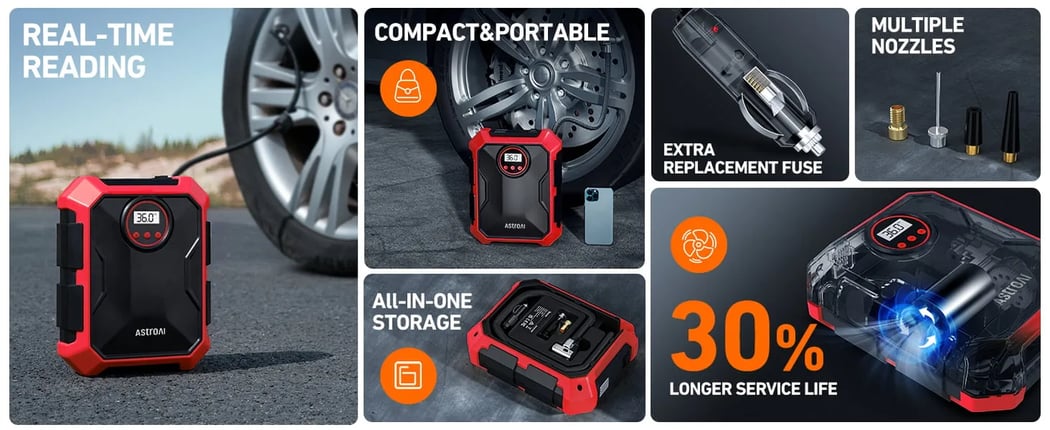 AstroAI 12V DC Portable Air Compressor​ for Cars, Bicycles, and Other Tires with LED Light and Digital Display, 100 PSI, Red