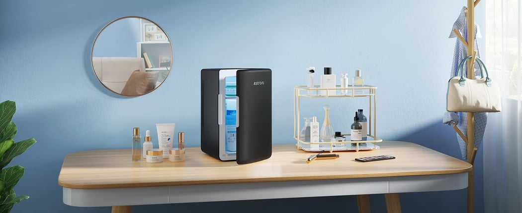 AstroAI Skincare Fridge for Makeup, Beverage, Bedroom, Office, 6 Liter/8 Cans, 110V AC/12V DC, Black