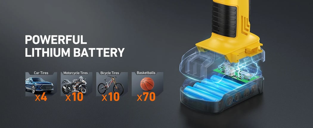 AstroAI Battery Powered Tire Inflator with 20V Rechargeable Battery & 12V Car Power Adapter for Motorcycles, 150PSI, (C1) Light Yellow