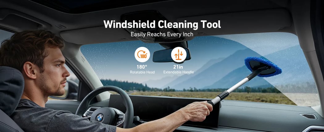 AstroAI Car Windscreen Cleaner Tool, Window Cleaning Kit with 39in Car Mirror Squeegee, 4 Reusable Microfiber Pads and Extendable Handle, Blue car squeegee