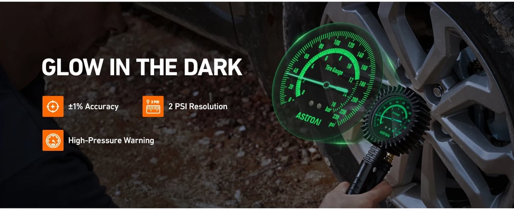 AstroAI 2024 Upgraded Tire Pressure Gauge with Inflator, 230PSI - ANSI B40.1 Accurate, Large 2.6" Easy Read Glow Dial, Extra Long Rubber Hose with 360° Air Chuck