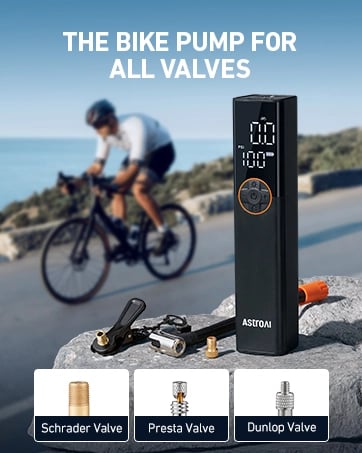 AstroAI L8 Portable Bike Pump, Bicycle Tire Inflator with Pressure Gauge, 150 PSI High Voltage Motor for Electric Mini Air Pump with Presta, Schrader, and Dunlop Valve for Road, Mountain, and E-Bike