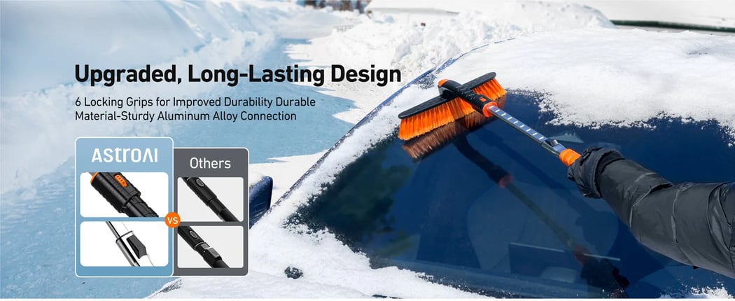 AstroAI 2" 1 Ice Scraper & Snow Shovel Kit, 47.2" Ice Scrapers for Car Windshield and 360° Pivoting Snow Brush, Extendable Snow Shovel with Foam Grip, Orange