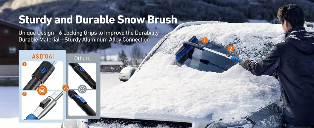 AstroAI 47.2 Inch Ice Scraper Extendable Car Snow Brush, Blue with 360° Pivoting Brush Head