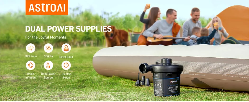 AstroAI Small Air Pump with 3 Nozzles for Air Beds, Inflatables, Balls, Pool, 120V, AC/DC