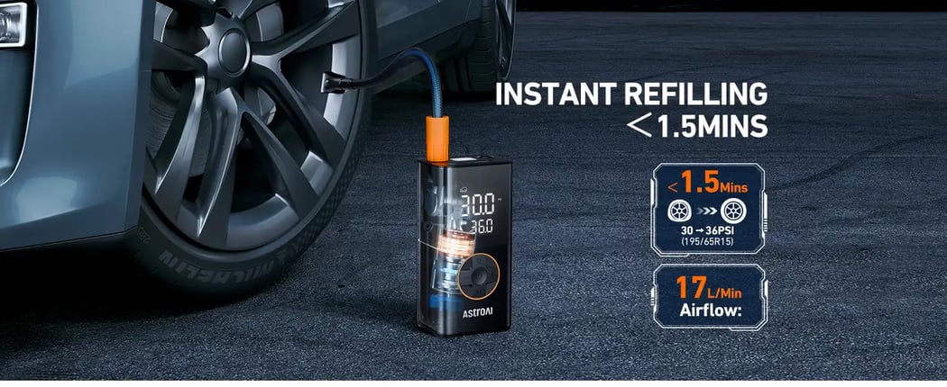 AstroAI L7 Portable Tire Inflator with Digital Dual Values Display and LED Lights, 150 PSI