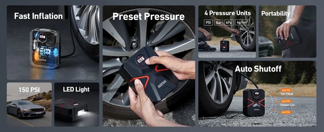AstroAI Tyre Inflator Air Compressor 12V DC, Digital Car Tyre Pump 150 PSI, Preset Tyre Pressure & Auto Shutoff