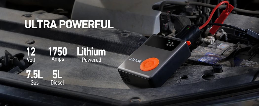 AstroAI Portable Car Jump Starter with 150 PSI Air Compressor, 1750A Battery Pack and Large LCD Display for Up to 7.5 Gas/5.0L Diesel Engines