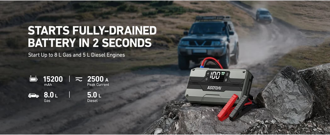 AstroAI T8 Car Battery Jump Starter 8-in-1 2500A, with 15200mAh QC 3.0 Power Bank, LED Screen, Cigarette Adapter, Jumper Cable for Up to 8.0L Gas & 5.0L Diesel Engines