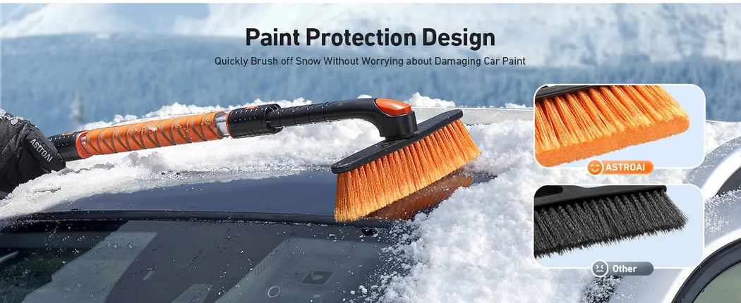 AstroAI 39.37" Ice Scraper Snow Brush for Car Windshield with 360° Pivoting Brush Head, EVA Foam Grip and Upgraded C-Shaped for Car, Truck, SUV(Orange)