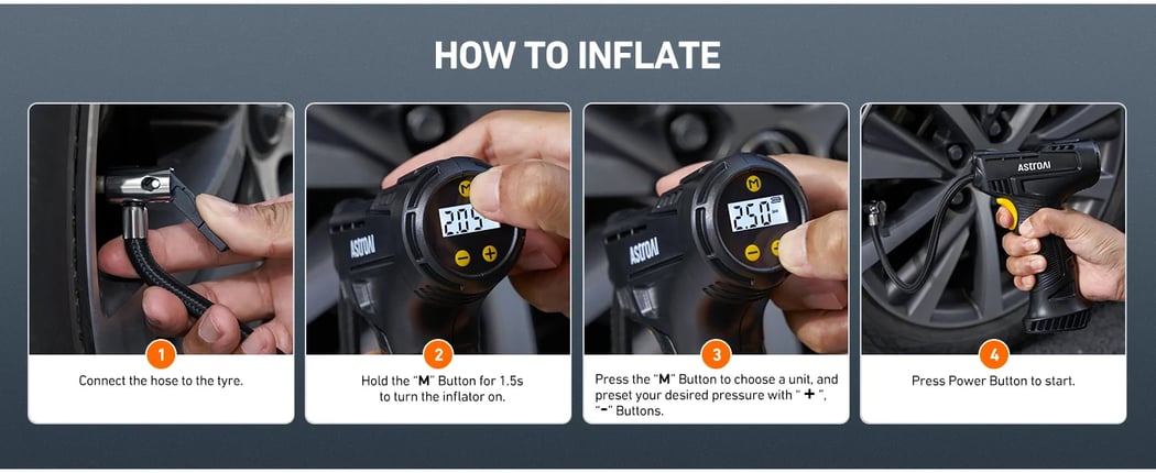 AstroAI Car Tyre Inflator Air Compressor, USB Rechargeable Battery Cordless Tyre Inflator, 150PSI Portable Handheld Tyre Pump Digital with Torch and 4 Adaptors for Car, Motorcycle Bike, Ball