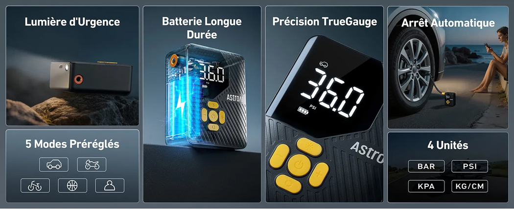 AstroAI Gonfleur Pneus Voiture, Compresseur à Air Portatif, Gonfleur Pneus Voiture sans Fil compacte, avec Batterie Rechargeable pour Vélos, Motos, Boules