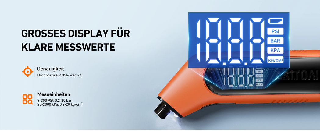 AstroAI Reifendruckprüfer Digitaler luftdruckprüfer 300 PSI Große Display mit Taschenlampe AAA-Batterie