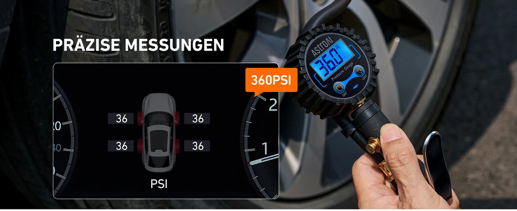 AstroAI Digitaler Reifenfüller mit Manometer, 250 PSI Luftfutter und Kompressor-Zubehör, strapazierfähig, mit Gummischlauch und Schnellverbindungs-Kupplung
