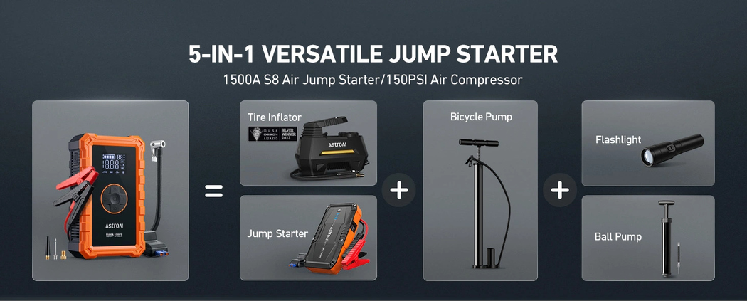 AstroAI S8 Portable Jump Starter with Air Compressor 150 PSI & 1500A Car Battery &12V Battery Charger Booster (6.0 Gas/3.0L Diesel) Orange