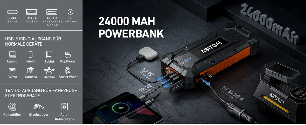 AstroAI S8 Ultra Auto Starthilfe Powerbank, 4000A Tragbare starthilfe für bis zu 10L Benzin und 8L Diesel, 88.8Wh 12V Starter powerbank mit Starthilfekabel, USB Schnellladung