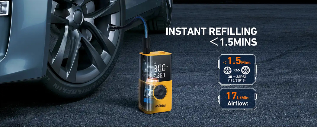 AstroAI L7S Tyre Inflator Portable Air Compressor Cordless Bike Pump with Digital Dual Values Display, 150 PSI Car Tyres Pump with LED Lights