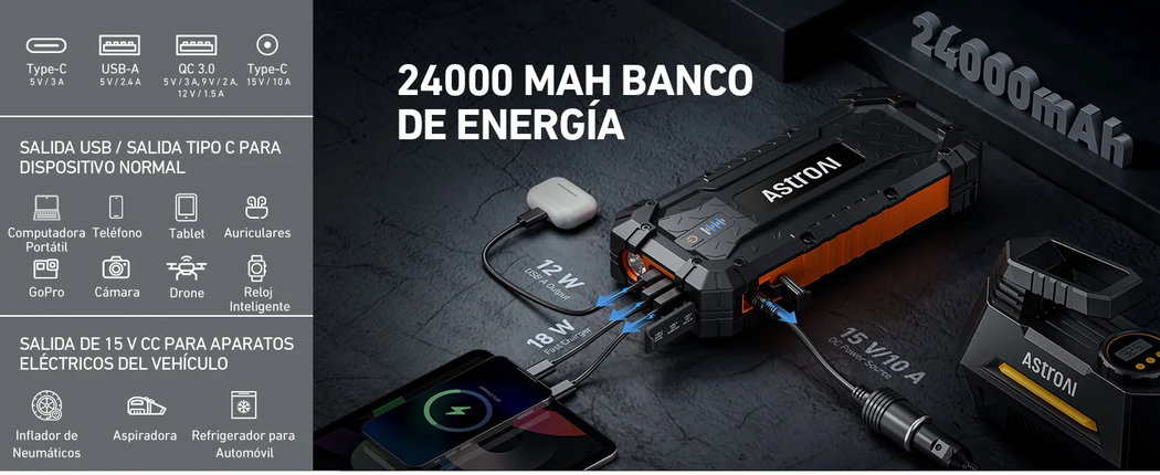AstroAI Arrancador de Batería portátil 4000A para Motores de Gasolina de hasta 10,0 L y Diésel de 8,0 L