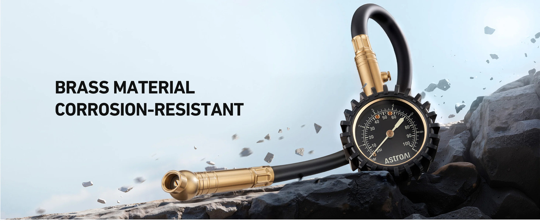 AstroAI Mechanical Tyre Pressure Gauge, 100 PSI, 2in Glow Dial
Brass and steel gauge with flexible hose, 360° swivel chuck and bleed valve; retains readings for cars, SUVs and motorbikes.