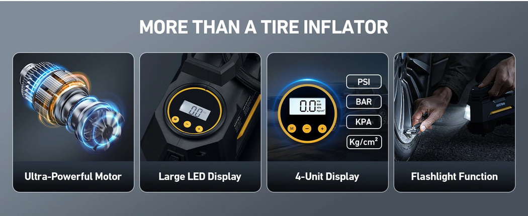 AstroAI 電動エアコンプレッサー 車 空気入れ 電動空気入れ 自動停止 静音 小型 過熱保護 DC12V ガーソケット接続式 LEDライト 3種類変換ノズル 仏式/米式対応 タイヤ 車 自動車 自転車 ロードバイク ボール 浮輪適用 (ブラック)