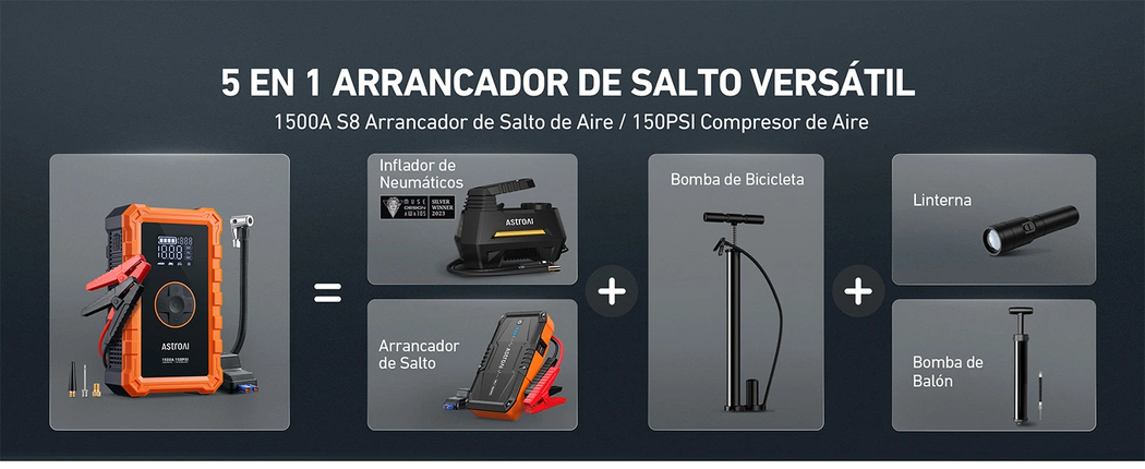 AstroAI Arrancador de Baterias de Coche con Inflador Ruedas Coche, 1500 A Arrancador de Coche Portátil (6,0 L de Gasolina/3,0 L de Diésel), 150 PSI Compresor de Aire Inalámbrico