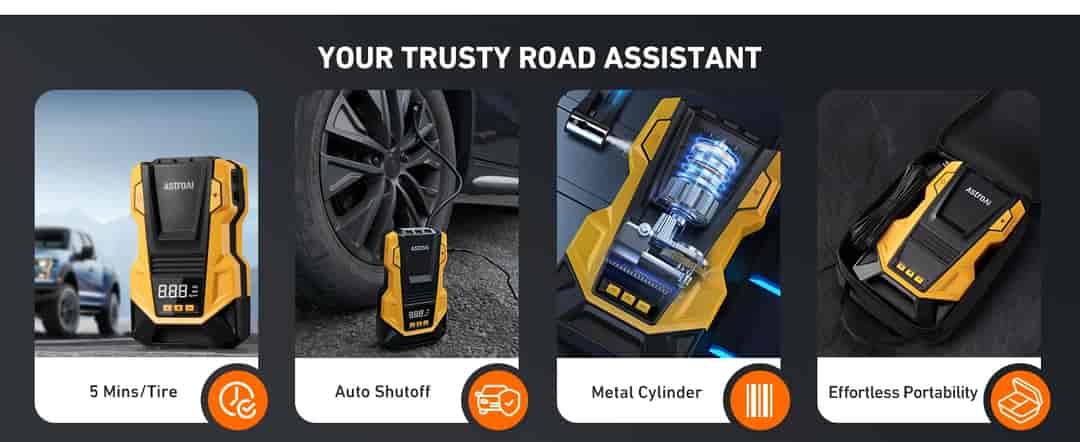 AstroAI AC/DC Mini Air Compressor with 150PSI, LED Light for Car Tires, Balls, Motorcycles, Yellow